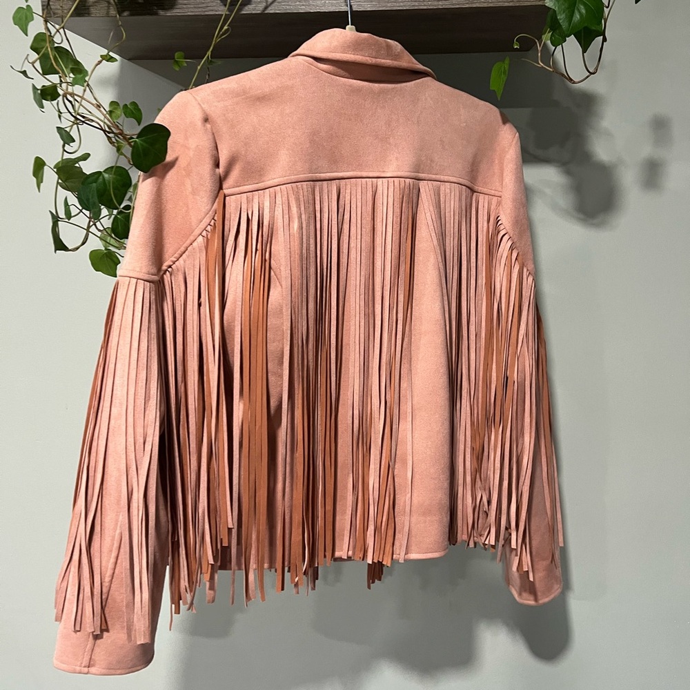 Tan Suede like Jacket with Fringe Details - Picture 4 of 4